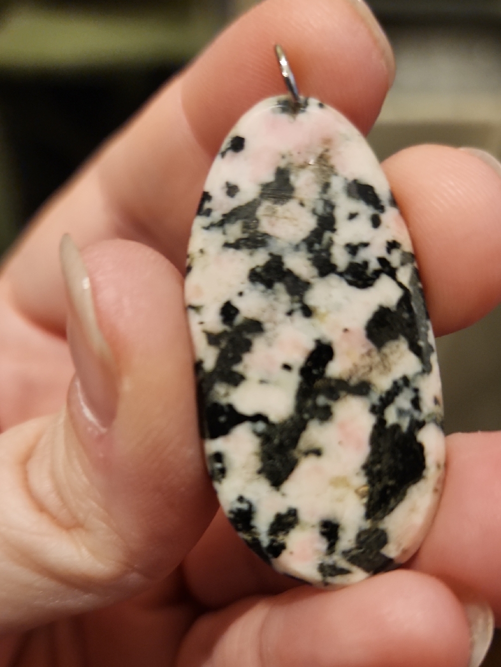 Rare Pink and Black Speckled Oval Magnesite Pendant with Bail
